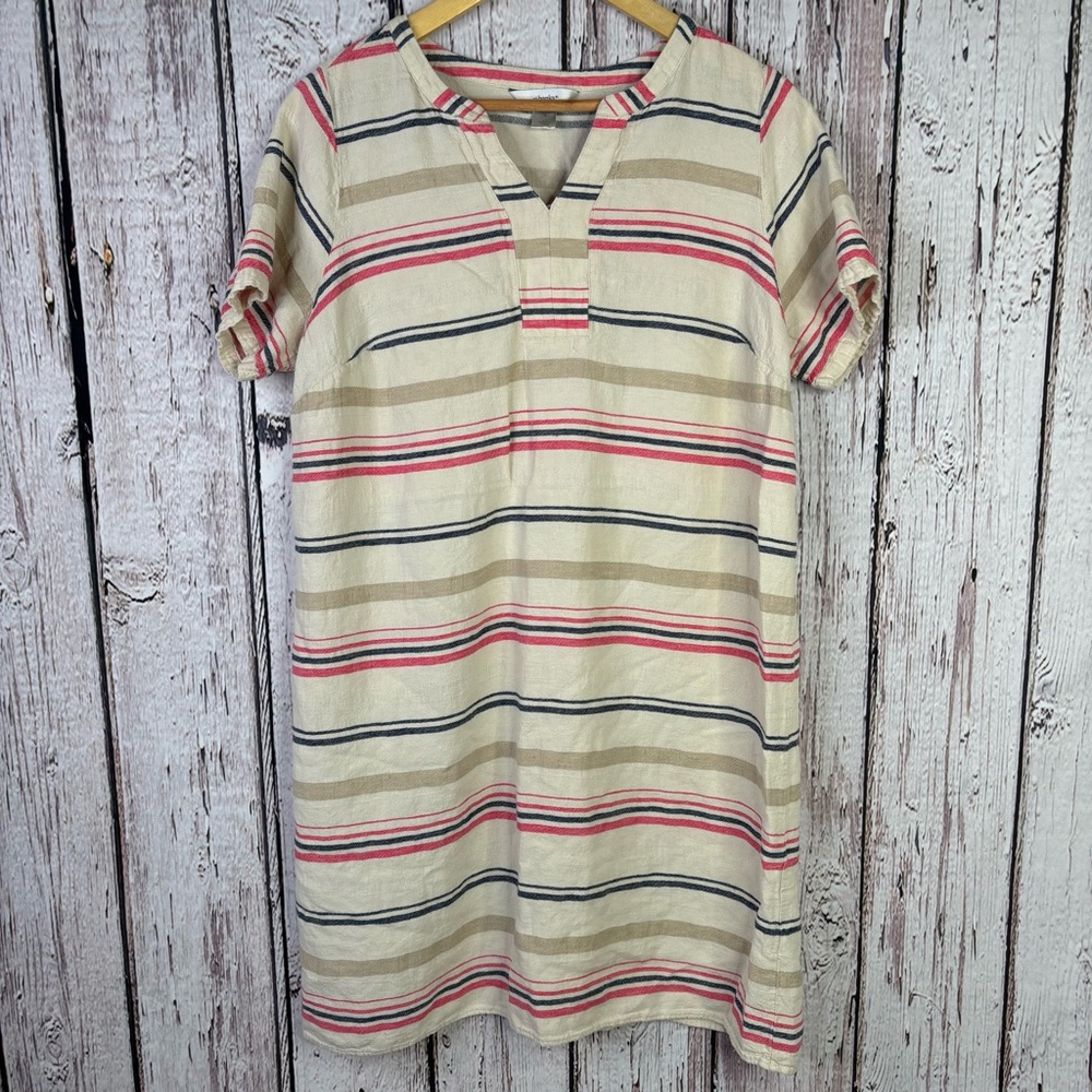 CJ Banks X | 14W Linen Blend Striped Short Sleeve Cover Up Dress Beige Blue Red